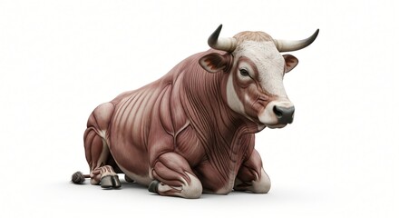Anatomical bull sculpture showing muscles and white fur resting on a plain white background