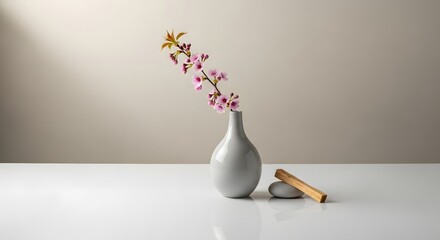 A minimalist still life composition featuring a white ceramic vase with pink flowers, a smooth stone, and a wooden stick on a clean white surface against a neutral background