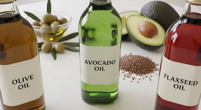 A close up of olive oil, avocado oil and flaxseed oil bottles with olives and avocado on the table