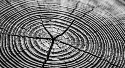 Fototapeta premium Close-up view of a tree trunk showing detailed growth rings and natural texture in monochrome tones