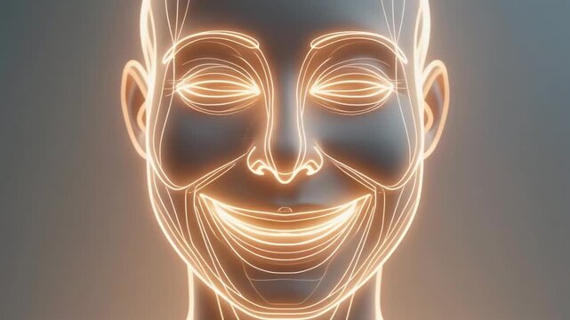 Abstract close-up of a face made of glowing lines forming a gentle smile, white background, concept of happiness and positivity.