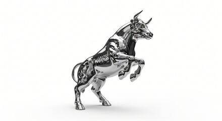 Obraz premium Polished chrome bull statue rearing on hind legs isolated on white background