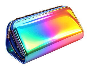 Vivid, holographic cosmetic bag with zipper; vibrant, iridescent colors shine