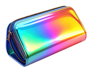 Vivid, holographic cosmetic bag with zipper; vibrant, iridescent colors shine