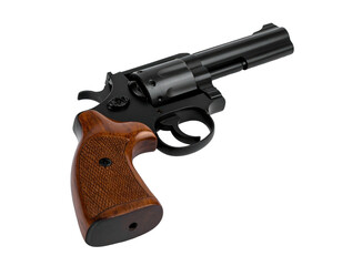 A sleek, black handgun with wood grip, isolated on black, angled slightly