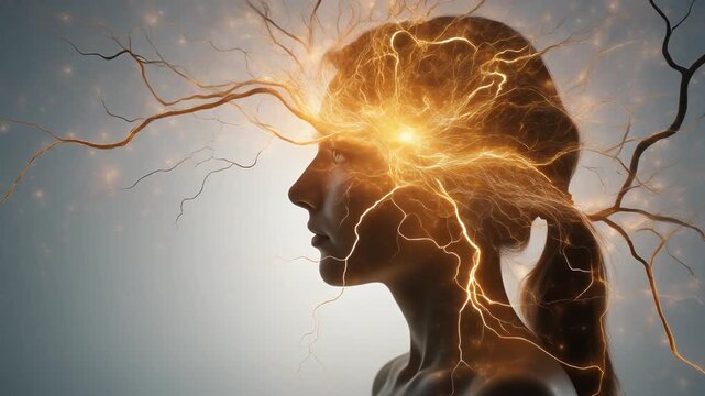 Human silhouette with glowing branches or neural roots growing out of the head, white background, concept of expanding mind and learning.