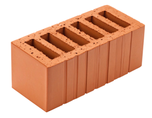 A close-up of a red-brown brick with multiple rectangular holes running through