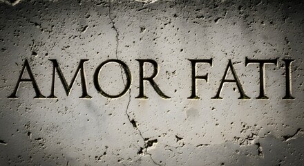 Close-up of a textured wall with the Latin phrase 'Amor Fati' engraved into the surface, highlighting the contrast between the inscription and the rough background