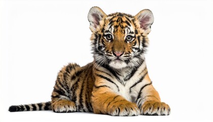 Young tiger standing on white background showcasing vibrant coat, alert posture, and wildlife majesty