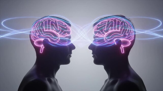 Two human silhouettes facing each other with overlapping glowing brain waves between them, concept of telepathy, communication, and shared understanding, white background, 4K render.