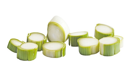 sliced green onions on white background