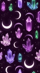 A vibrant digital illustration featuring glowing crystals and crescent moons against a dark starry background, creating a mystical and enchanting atmosphere