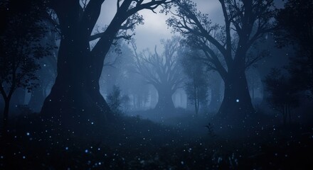 Mysterious forest scene with trees and glowing lights at twilight