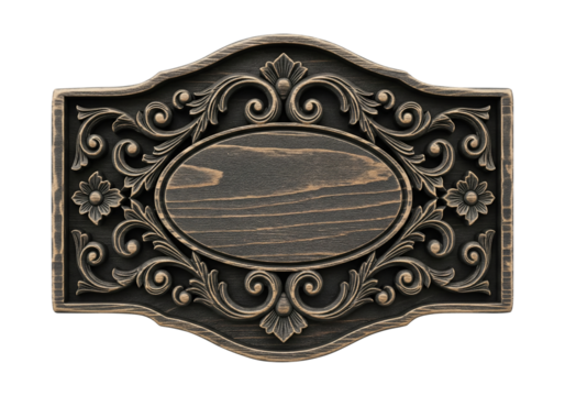 Classic wooden display board featuring elaborate handcrafted carvings, an antique-inspired blank sign ready for personalized messages and elegant decor