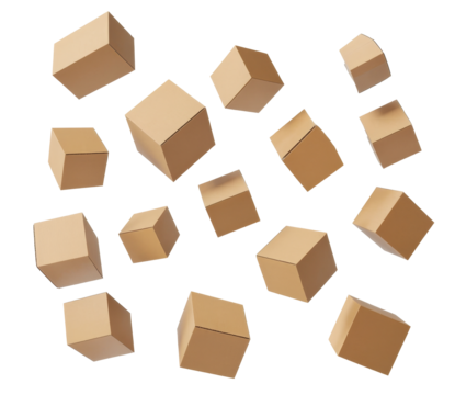 cardboard boxes floating on white background.
