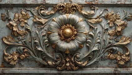 Ornate, gilded, floral carving on a weathered surface