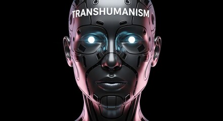 A futuristic humanoid robot with glowing eyes and the word TRANSHUMANISM displayed above its head, symbolizing advanced technology and human enhancement concepts