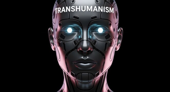A futuristic humanoid robot with glowing eyes and the word TRANSHUMANISM displayed above its head, symbolizing advanced technology and human enhancement concepts
