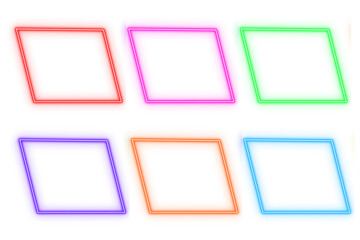 Slanted box outline neon light frame, set of colorful shaped object elements isolated on white background	