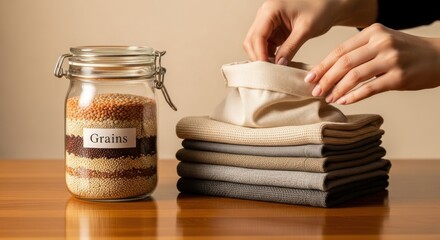 Organizing grains in a jar and folding fabric at a home workspace for a tidy kitchen environment