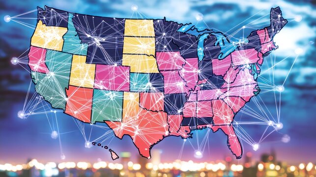 Abstract United States map with colorful states connected by a network over a blurred city background.
