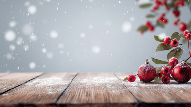 Winter Festive tabletop: A festive wooden table, dusted with snow and adorned with ornaments and berries, embodies the cozy embrace of winter holidays.