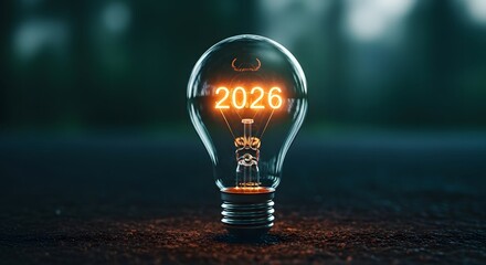 Illuminated light bulb with glowing year 2026 symbolizing future ideas and innovation