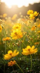 Obraz premium Bright yellow flowers bloom in a sunny field during golden hour, showcasing nature's beauty and vibrant colors