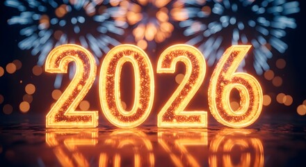 Bright illuminated numbers 2026 glowing with festive fireworks in the background celebrating the new year