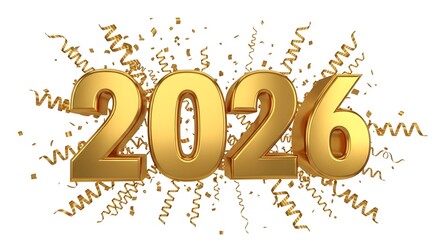 Golden 3d numbers 2026 surrounded by festive confetti and streamers