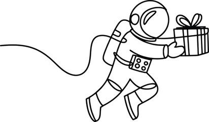 Fototapeta premium Astronaut delivering gift in space line art simple design for celebrations