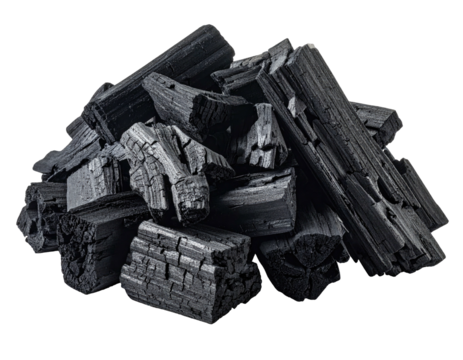 A pile of dark, charred wood pieces on a black background, ready for burning
