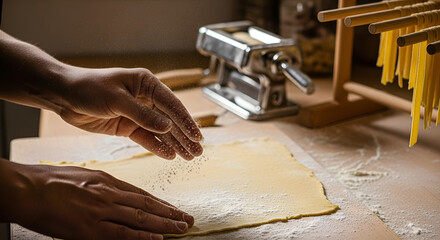 Hands sprinkle flour on pasta dough near pasta machine and drying rack on a wooden surface