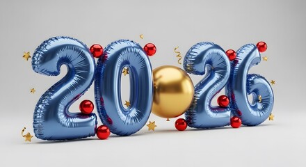 Shiny blue balloons form the year 2026 with a golden egg and festive lights