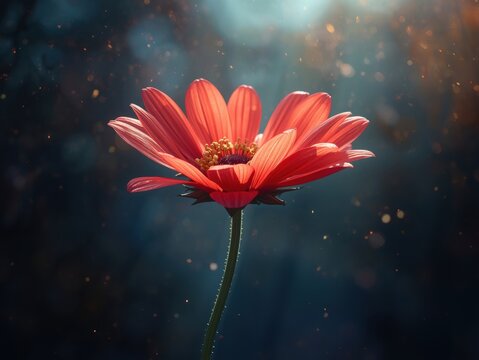 Vibrant red flower with water droplets illuminated by soft light