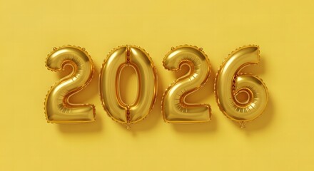 Golden balloons form the year 2026 displayed against a bright yellow background