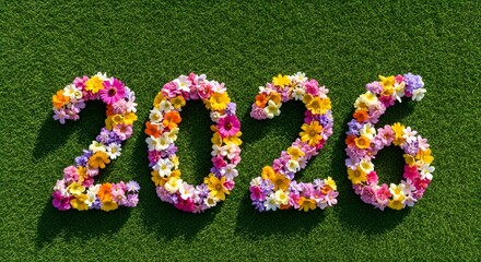 Vibrant floral numbers 2026 arranged on lush green grass in sunlight