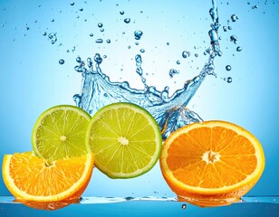 Sliced citrus fruit splash against blue background