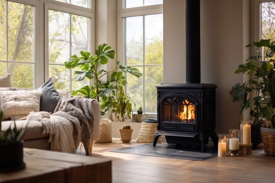 Cozy room with fireplace, bright windows, sofa, and houseplants abound
