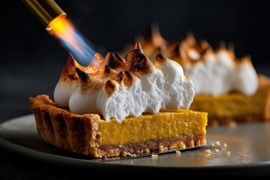 Exquisite pumpkin pie slice featuring golden custard base and fluffy toasted meringue with a kitchen torch highlighting culinary mastery and innovative dessert techniques