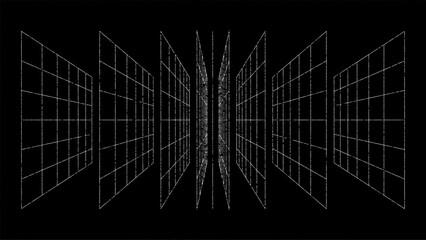 3D wireframe perspective grid room template design vector illustration background. Empty three dimensional virtual room perspective wireframe grid geometric sketch. Cyber virtual line interior frame.