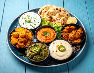 Colorful Indian meal on plate. Six bowls and flatbread