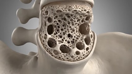 Osteoporosis bone density loss visualization showcasing porous bone structure medical illustration