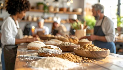 Bakers hands preparing fresh bread in a rustic bakery with natural light.
