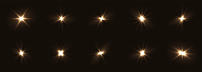 Golden fash light vector set on black background. Sparkle shining magic holiday starlight. Festive glow yellow flashing lights collection.