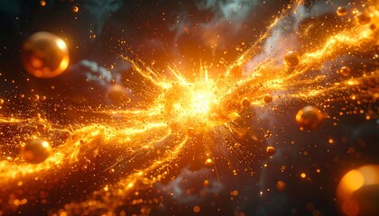 Cosmic explosion with fiery, golden particles and swirling energy