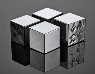 Four cubes; polished, textured metal. Reflections below