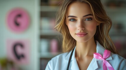 Portrait of a Young Female Doctor with a Pink Ribbon and Stethoscope