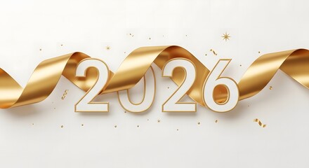 Golden ribbon and confetti celebrate the arrival of the year 2026