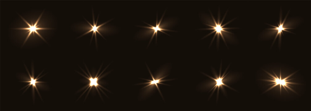 Golden fash light vector set on black background. Sparkle shining magic holiday starlight. Festive glow yellow flashing lights collection.